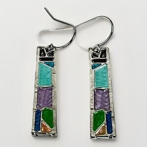 Southwest Geometric Design Dangle Drop Earrings Silver Plated Multicolor Enamel